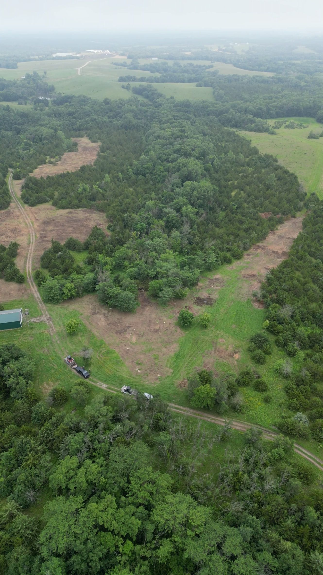 Aerial view of a green forest with cleared patches and a dirt road in the foreground.