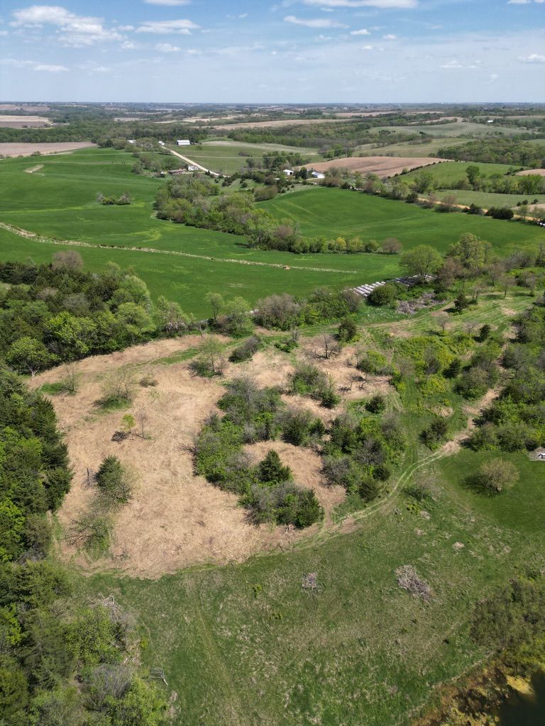 Aerial view of green farmland and fields under a partly cloudy sky, with a grassy hillside in the foreground