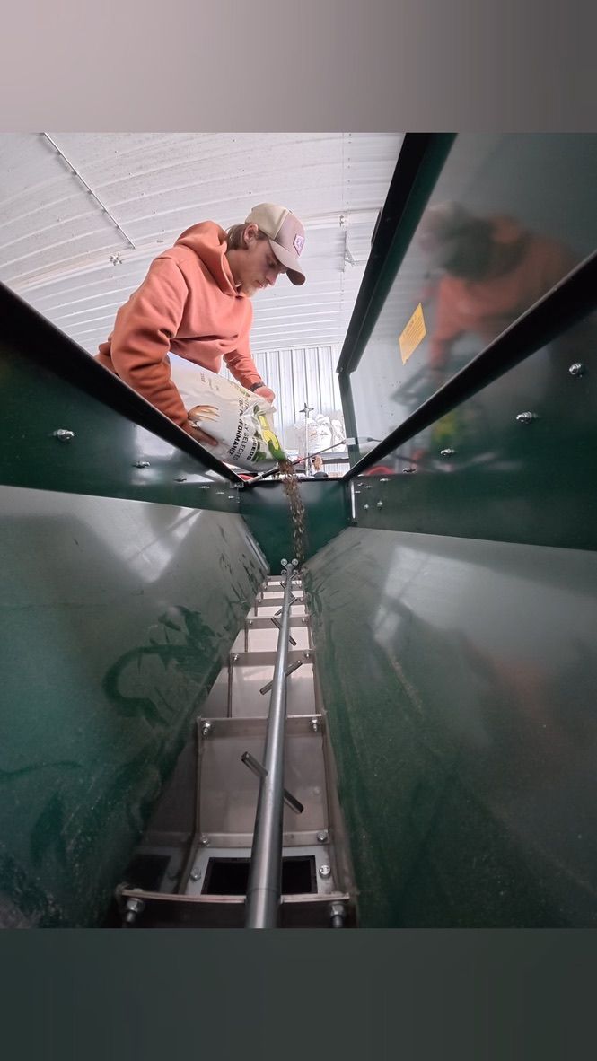 Person in orange jacket leaning over a glass elevator shaft, looking down from above.