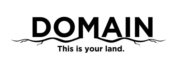 Bold black “DOMAIN” text with cracked underline and the phrase “This is your land.”