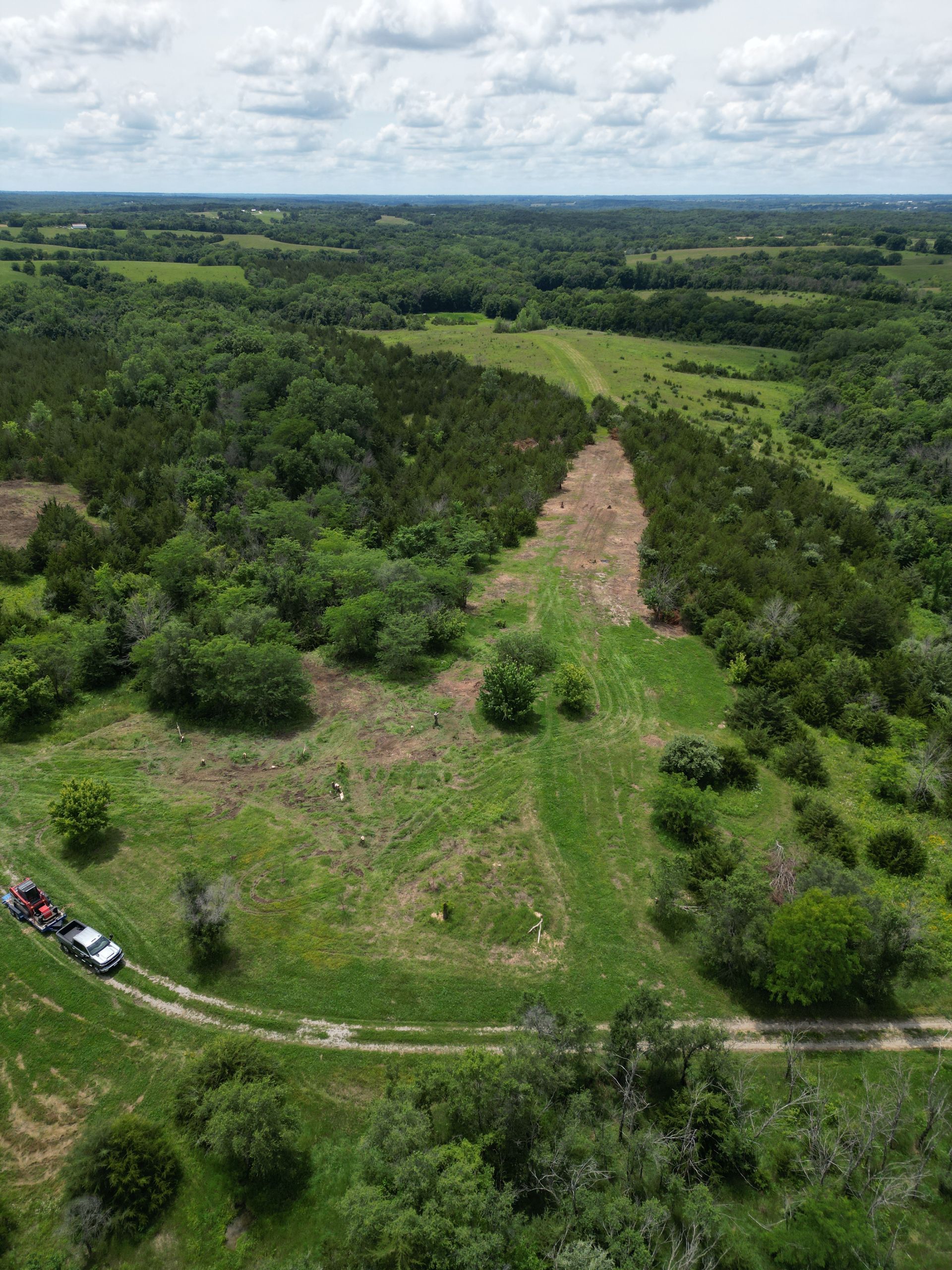 Aerial view of a green forest clearing with a dirt road and two parked vehicles at the bottom left