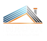 Stylized roof logo with blue, orange, and gray diagonal stripes above faint text.