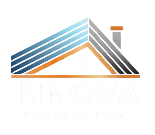 Stylized roof logo with blue, orange, and gray diagonal stripes above faint text.