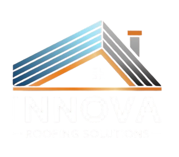Stylized roof logo with blue, orange, and gray diagonal stripes above faint text.