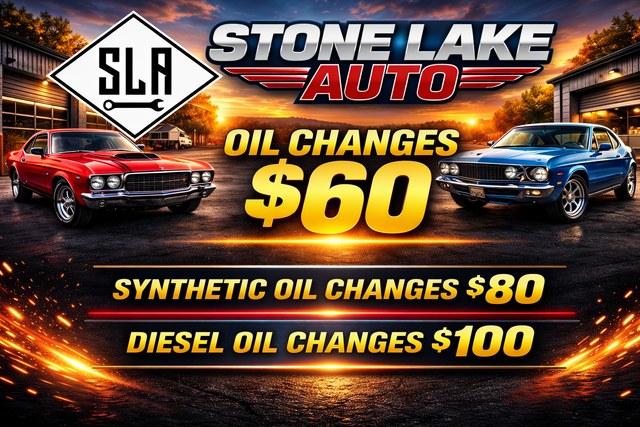 Ad for $60 oil changes; synthetic $80, diesel $100 | Stone Lake Auto
