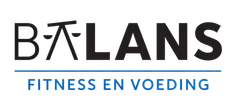 Het B-LANS-logo in zwart en blauw met daaronder de slogan "FITNESS EN VOEDING".