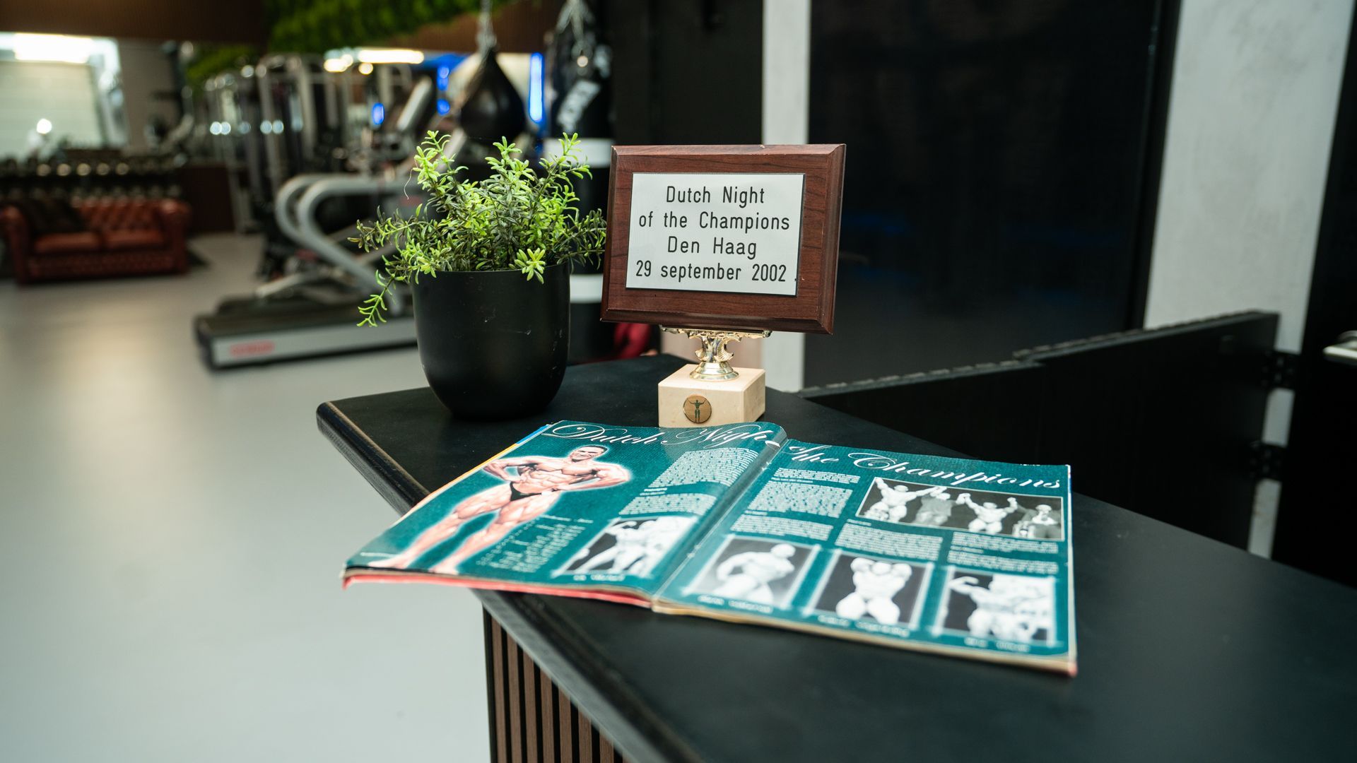 Tafelpresentatie met turquoise flyers, een klein ingelijst bordje en een potplant in een moderne lobby.
