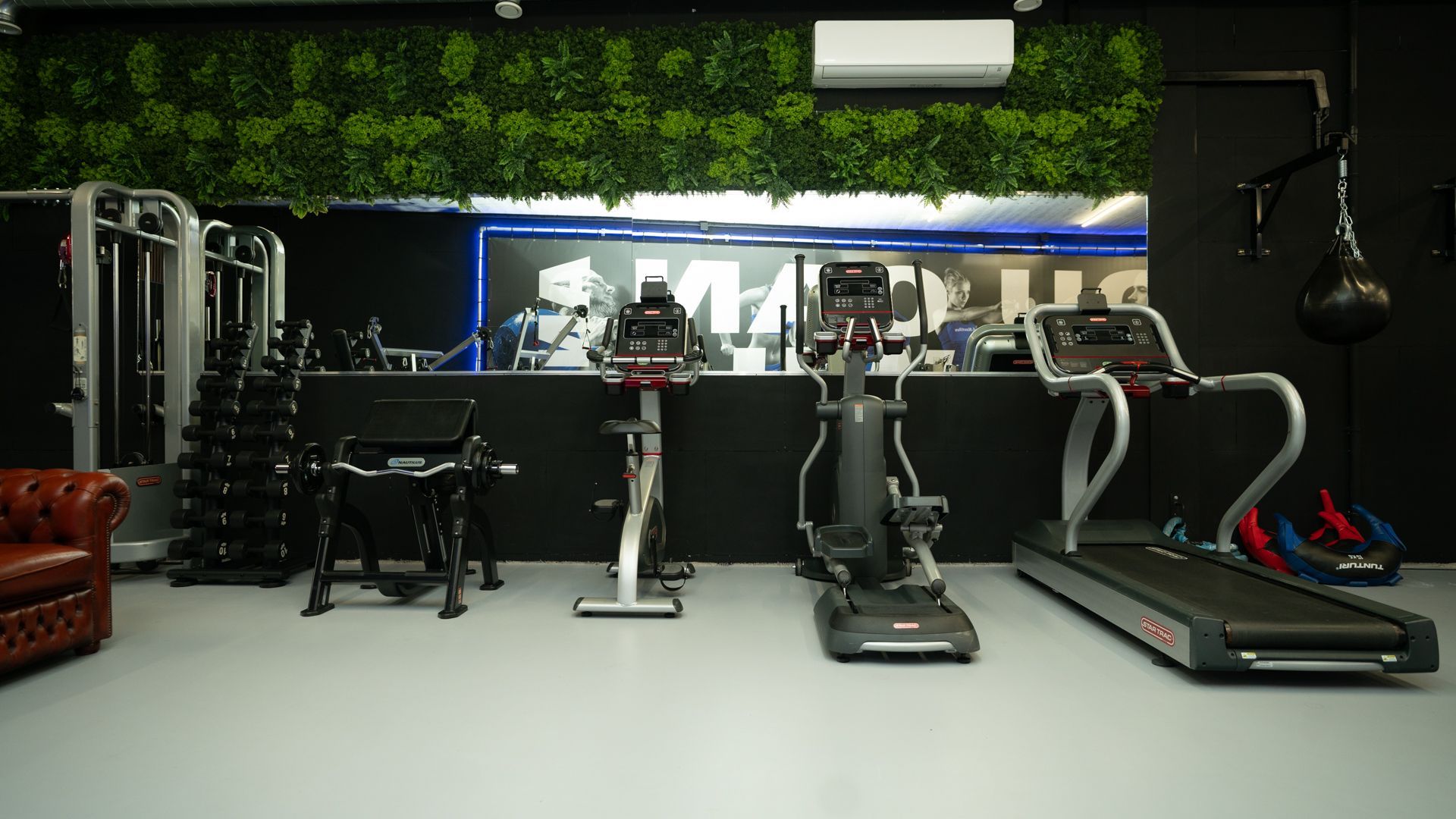 Modern fitnesscentrum met loopbanden, hometrainers, gewichten en een groene achterwand.