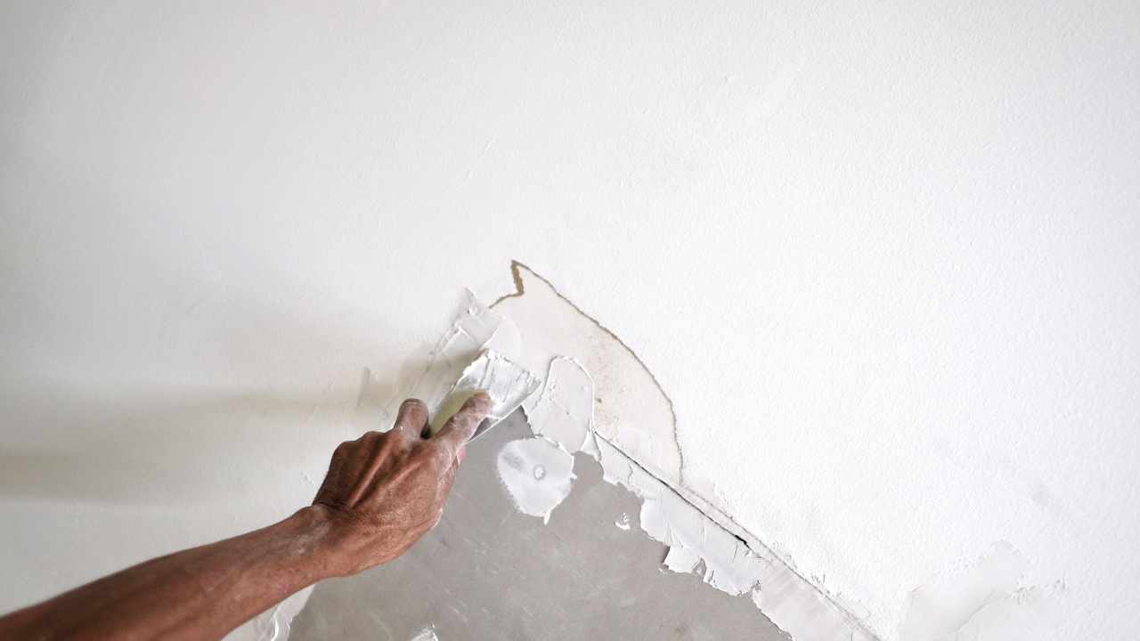 Person smoothing plaster on a white wall with a putty knife.