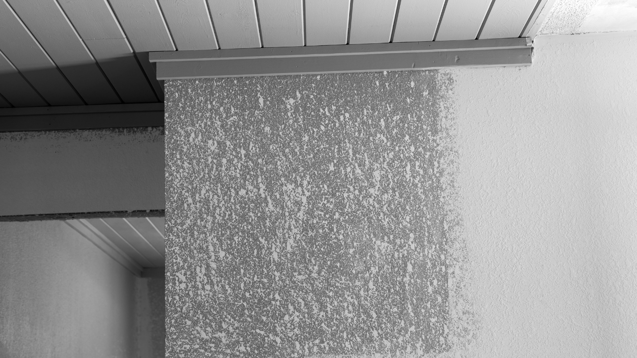 Textured wall section meeting a smooth white wall, with a ceiling and trim visible.