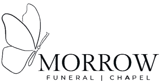 Logo for Morrow Funeral Chapel featuring a delicate line-drawn butterfly beside the text.