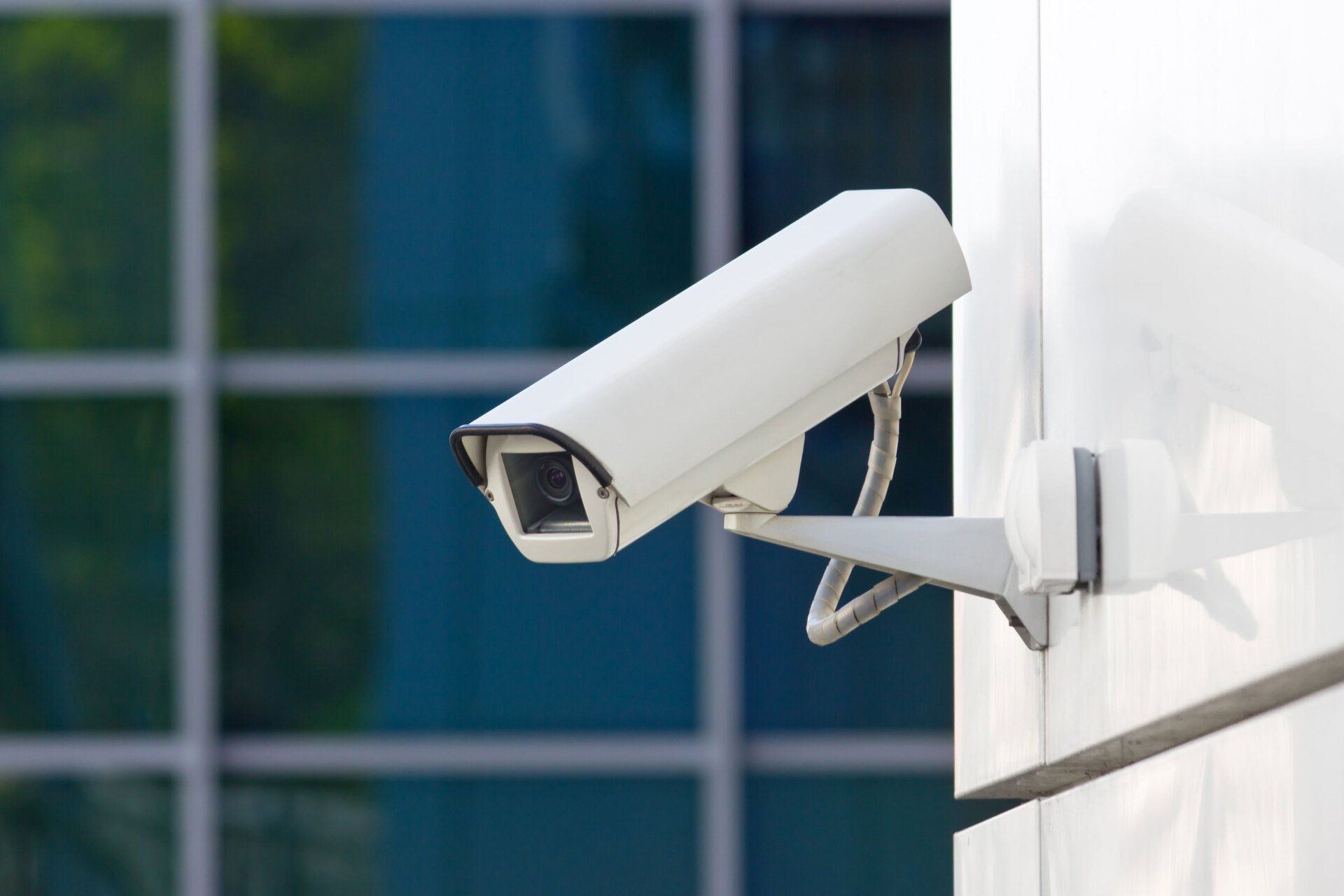 Security camera installed in a commercial building