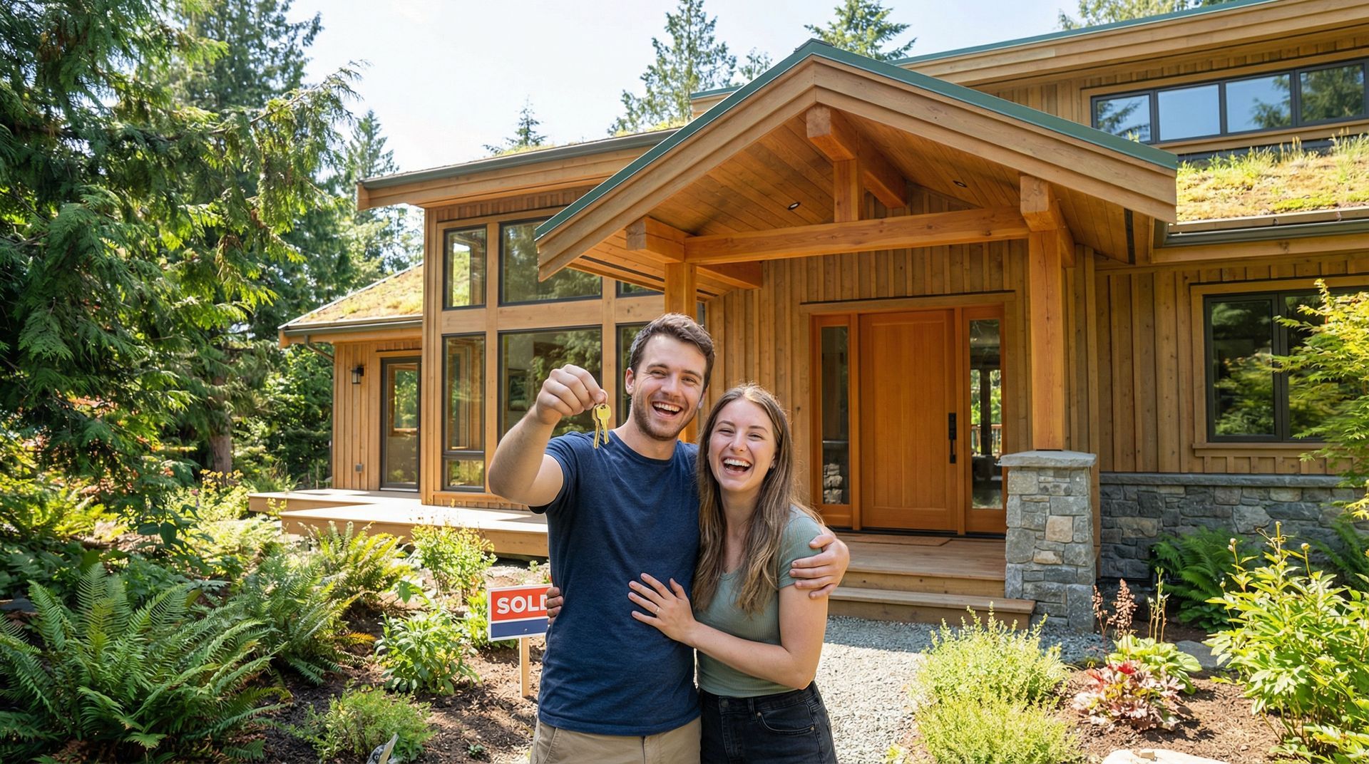 A smiling couple stands in front of a rustic wooden house, holding up a set of keys in celebration.