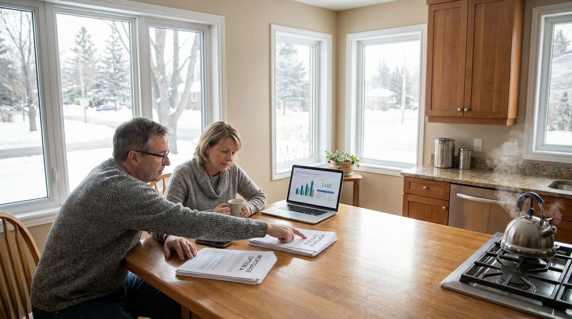 A man and woman review documents at a kitchen island near a laptop, with a steaming kettle on the stove nearby.