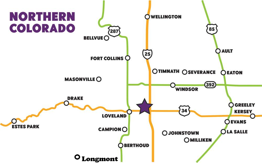 A map of northern colorado with a star in the middle