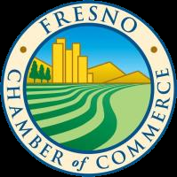 Fresno Chamber of Commerce logo: Buildings, fields, hills, and text 