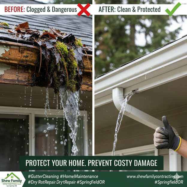 Before/after showing a clogged gutter vs. clean gutter with water flowing. Text: