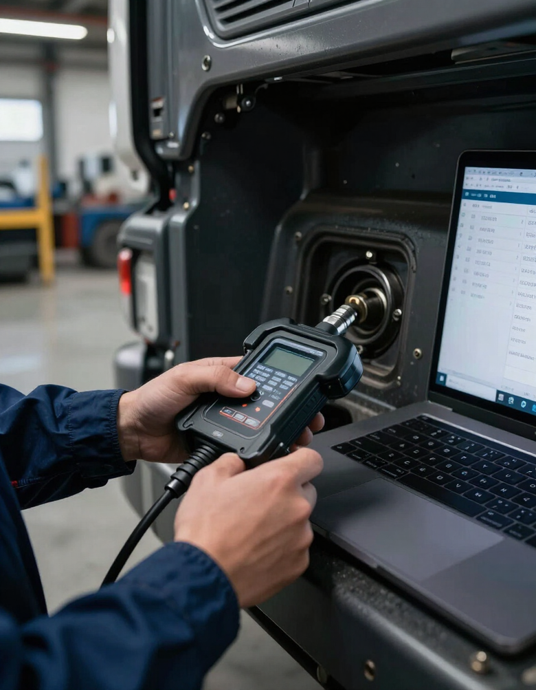 Un tecnico utilizza uno strumento diagnostico portatile su un veicolo accanto a un computer portatile in un'officina.