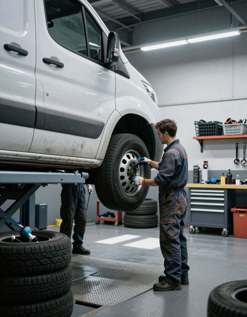Un meccanico cambia uno pneumatico di un camion in un'officina, con attrezzi e ruote di scorta nelle vicinanze.