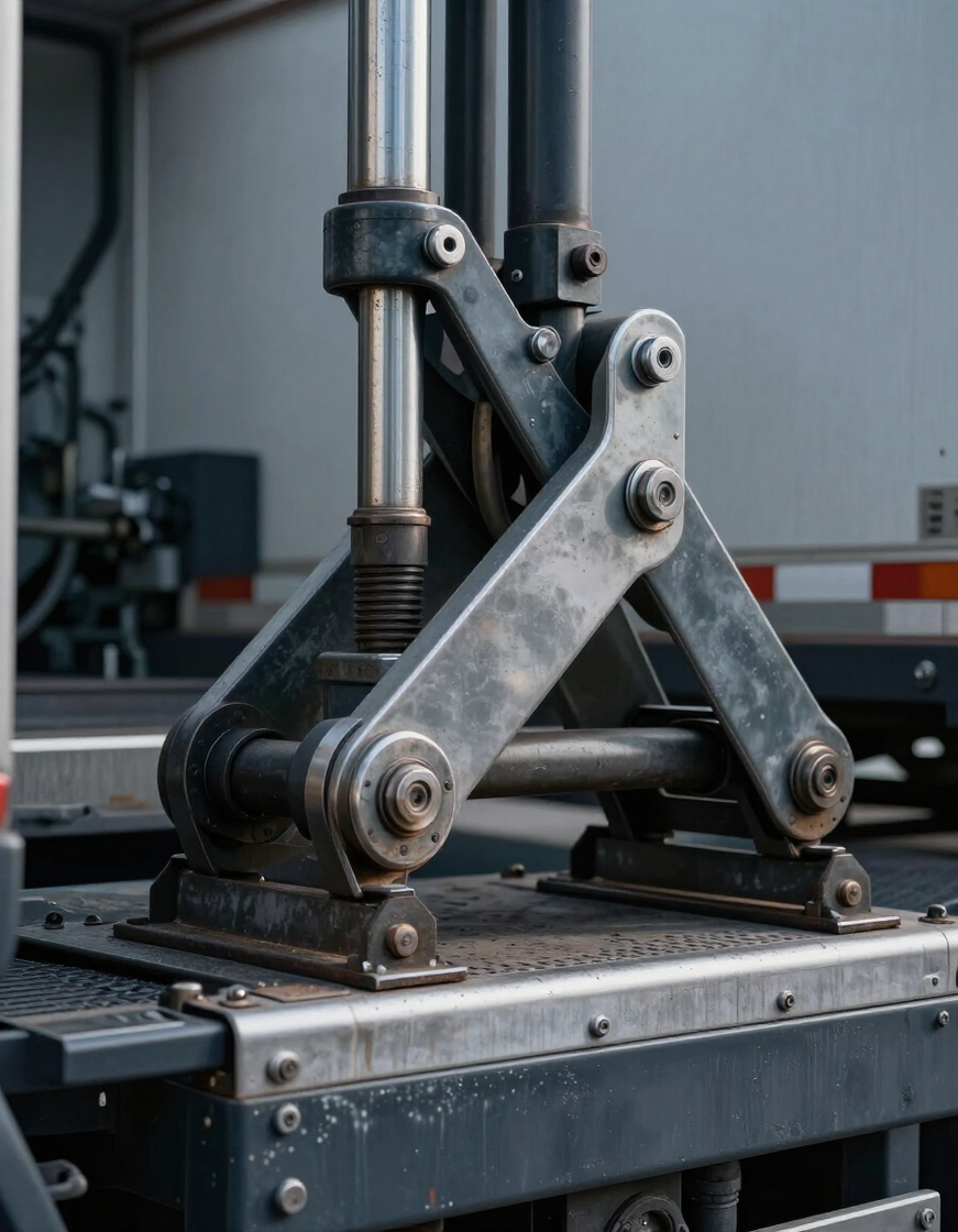 Braccio meccanico metallico di sollevamento montato sulla piattaforma di un camion, con bulloni e pistoni a vista.
