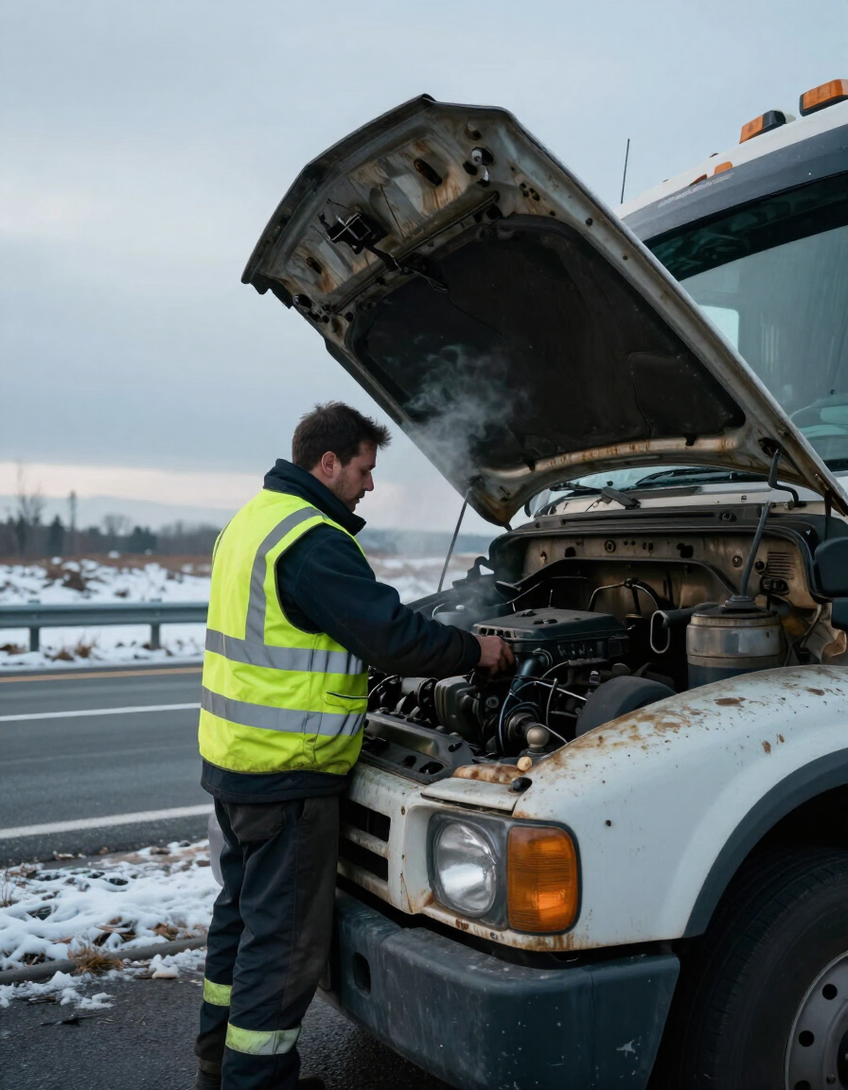 Un meccanico con un gilet giallo lavora sotto il cofano aperto di un camion bianco sul ciglio di una strada innevata.