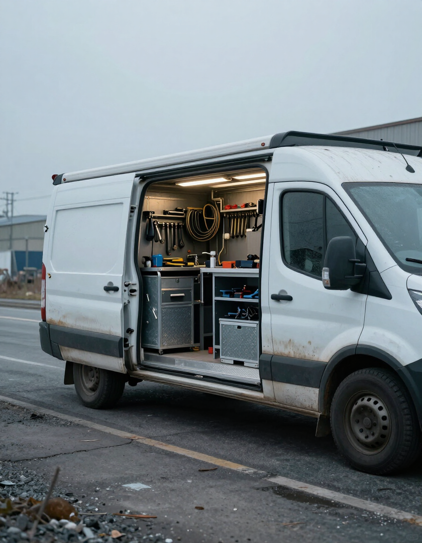 Furgone bianco da lavoro con sportello laterale aperto e banco da lavoro illuminato, parcheggiato a bordo strada; attrezzi visibili all'interno.