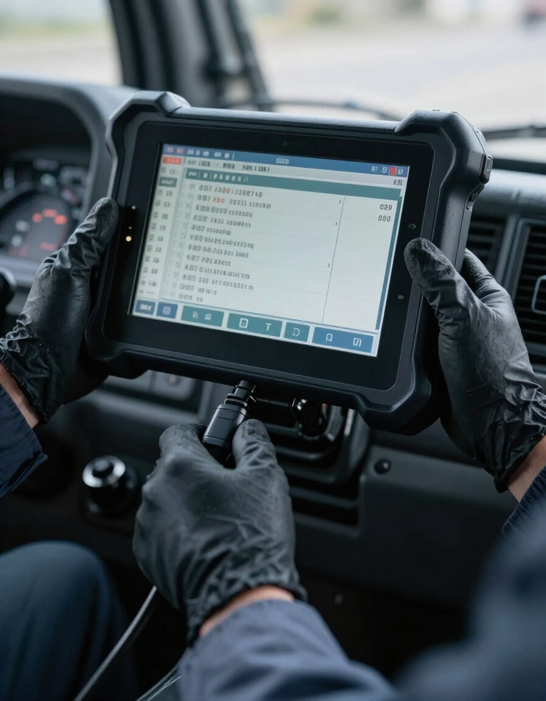Mani guantate che reggono un tablet robusto all'interno di un veicolo, mostrando una lista di controllo o una schermata di dati.