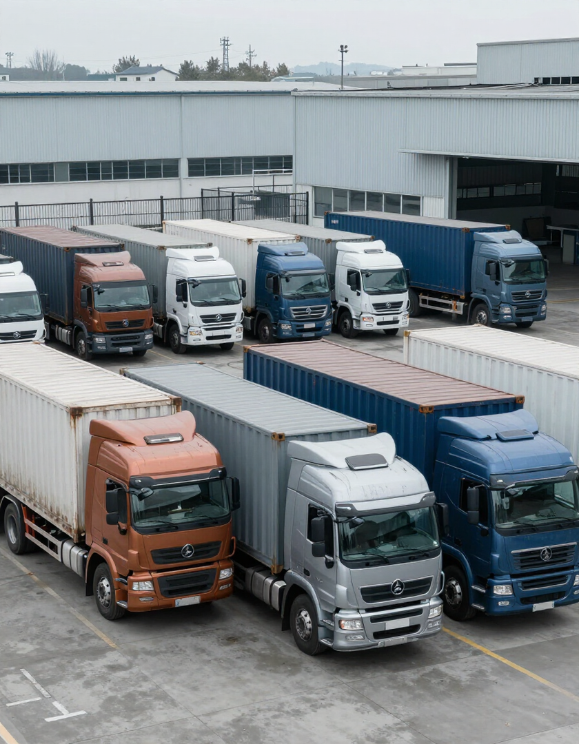 In un piazzale di carico industriale adiacente a un magazzino, erano allineati diversi camion con cabine bianche, blu e arancioni.