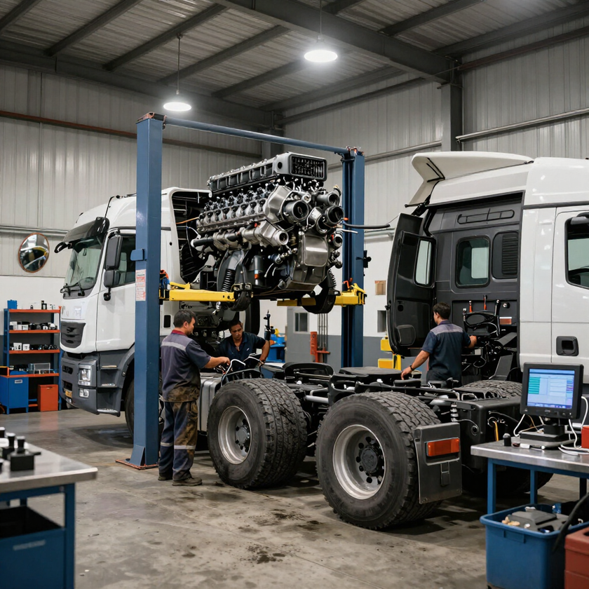 In un'officina, il telaio di un camion viene riparato, con un grosso motore sollevato sopra la testa e i meccanici al lavoro nelle vicinanze.