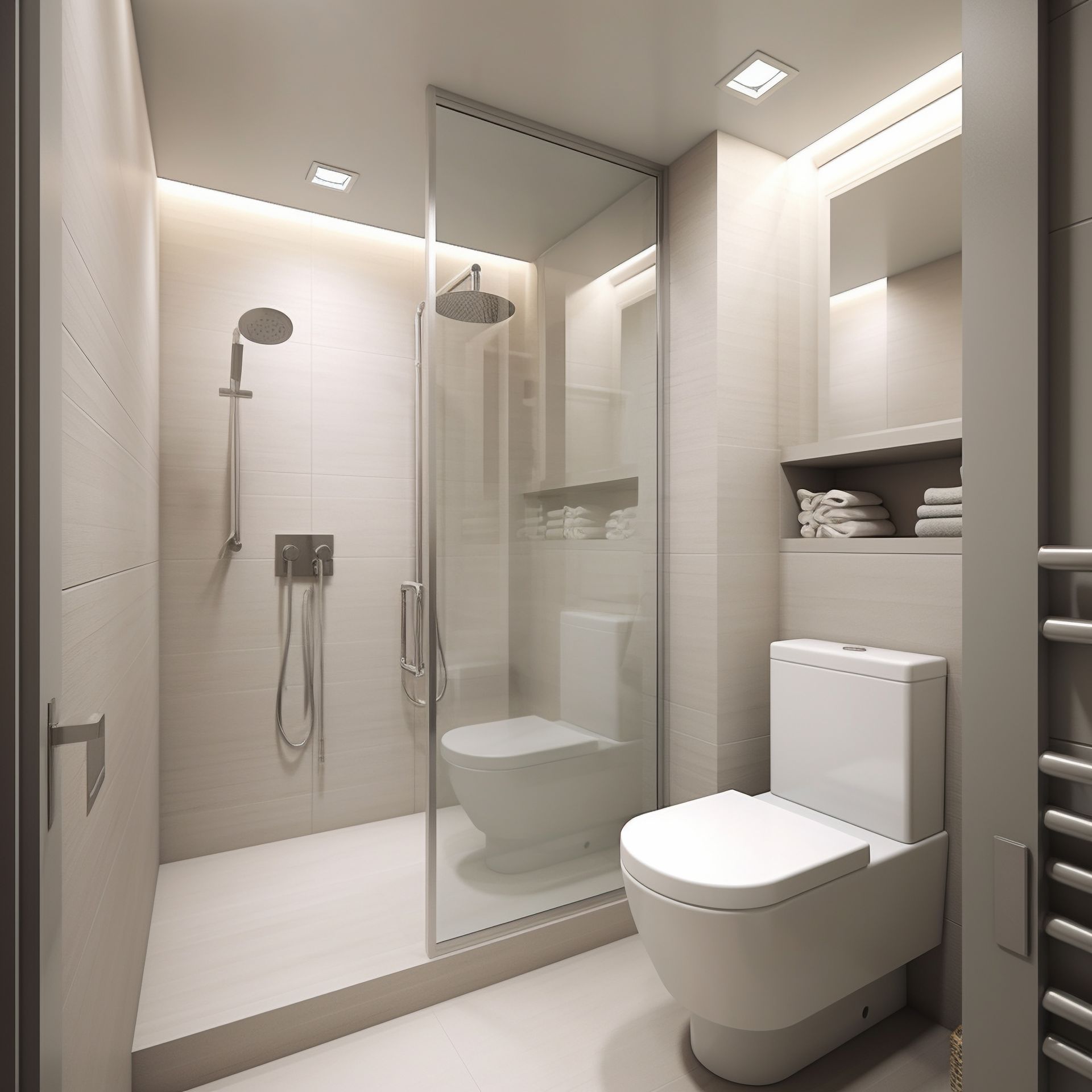 A bathroom with a toilet a shower and a mirror