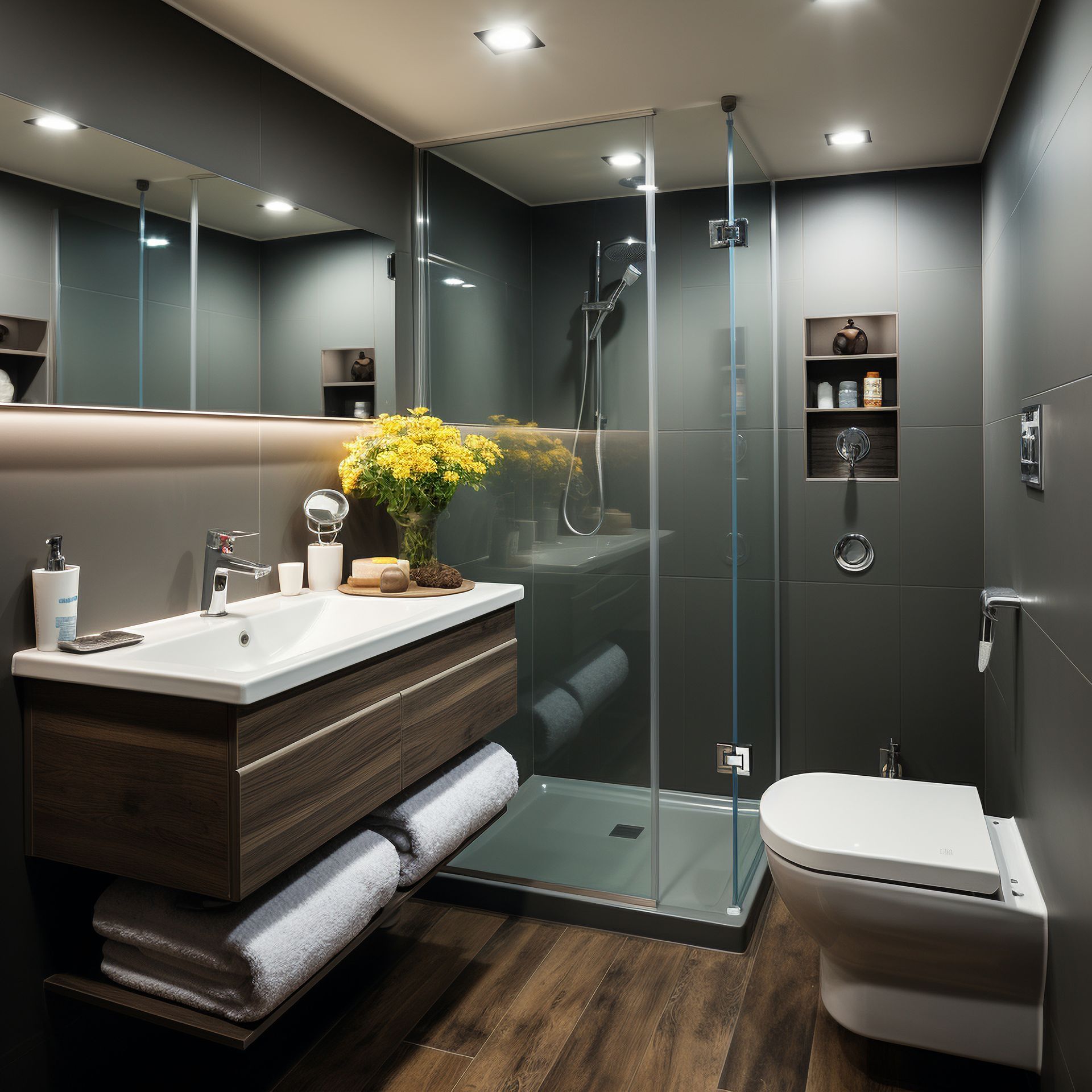 A bathroom with a toilet a sink and a walk in shower