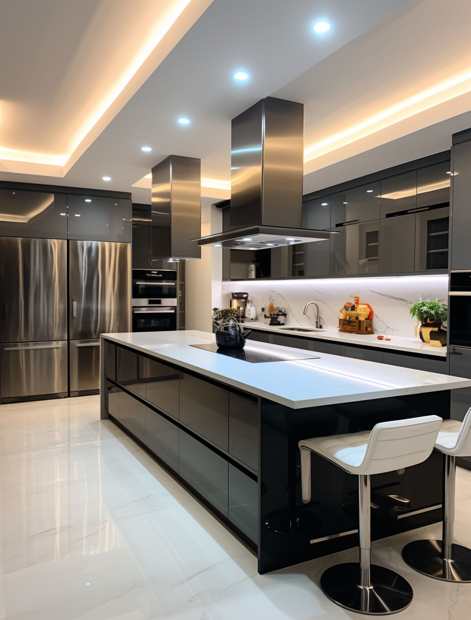 A kitchen with stainless steel appliances and a large island