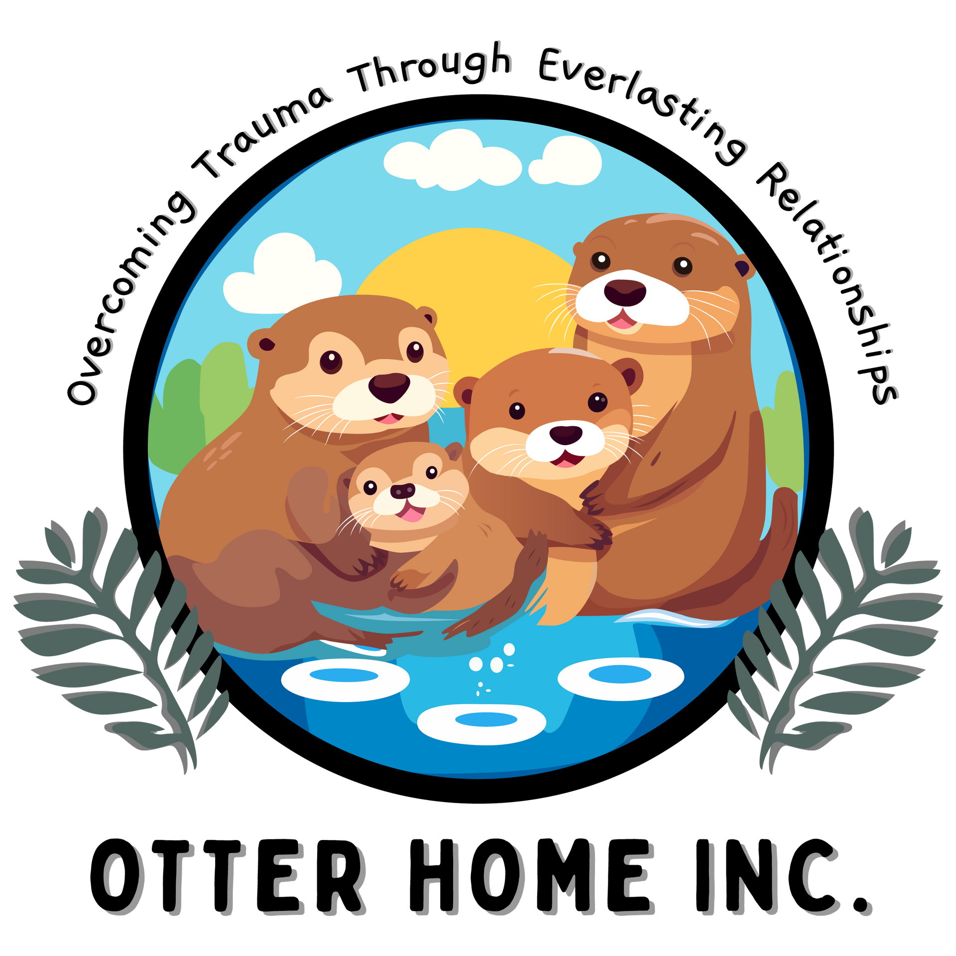 The logo for otter home inc. shows a family of otters in the water.