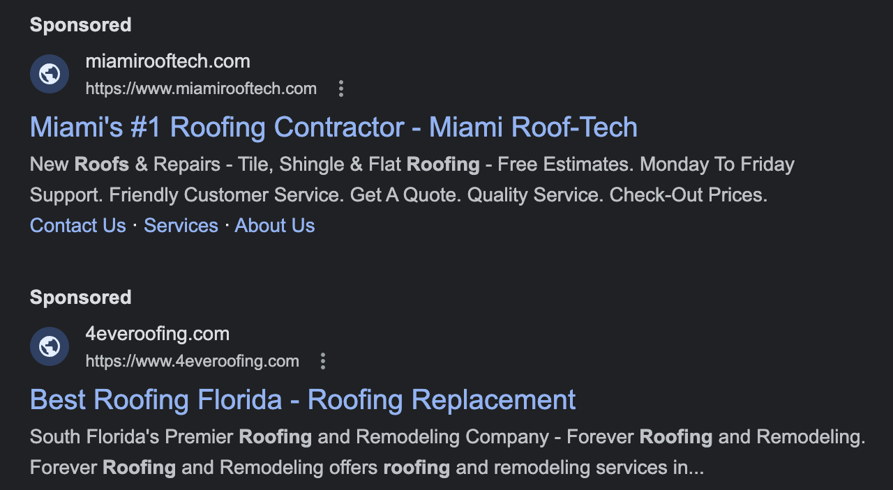 A google search for miami 's # 1 roofing contractor