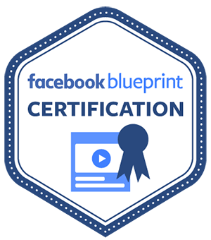 A blue and white badge that says facebook blueprint certification