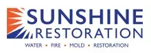 The logo for sunshine restoration is blue and orange and says water fire mold restoration.