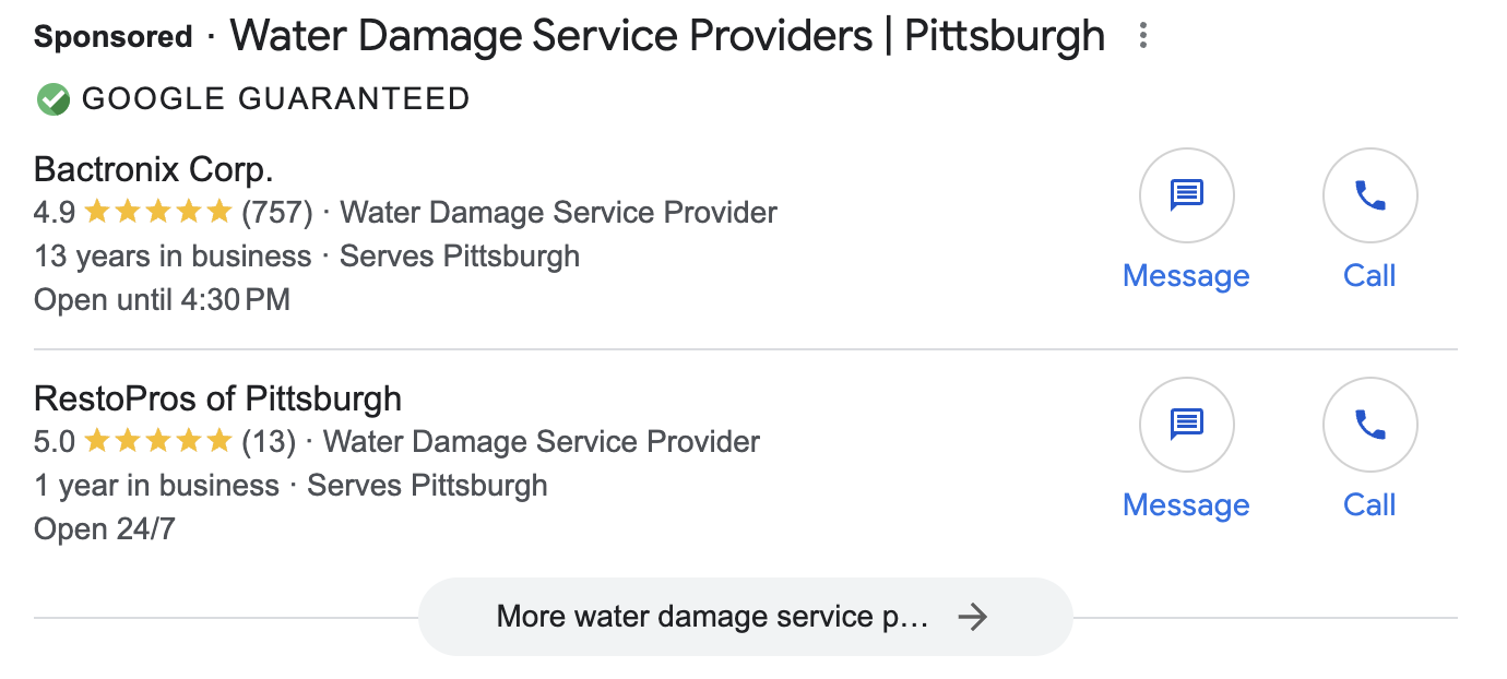 A google search for water damage service providers in pittsburgh