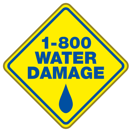 A yellow sign that says 1-800 water damage
