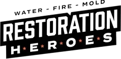 The restoration heroes logo is black and white and says water - fire - mold.