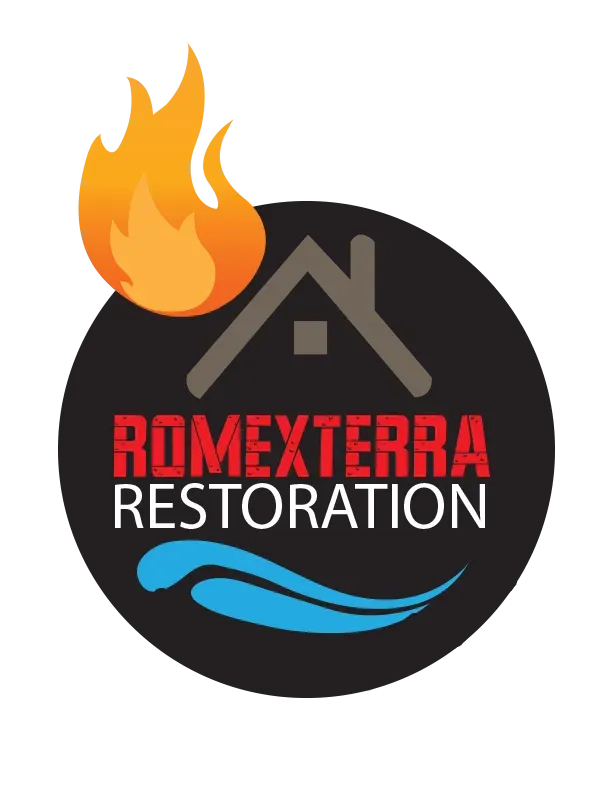 A logo for romexterra restoration with a fire and water