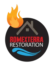 A logo for romexterra restoration with a fire and water
