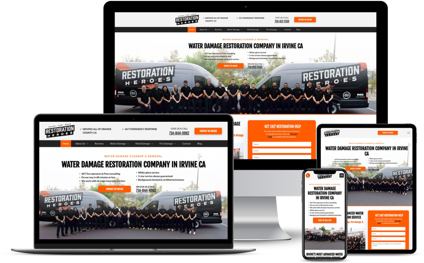 A website is displayed on a laptop , tablet , and phone.