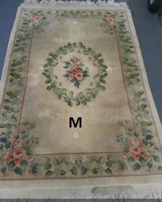 Tan floral rug with a central flower arrangement and border of flowers and leaves.