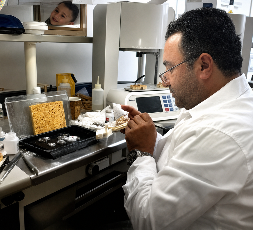 Scientist in a lab coat handling a sample beside lab equipment and trays of specimens.
