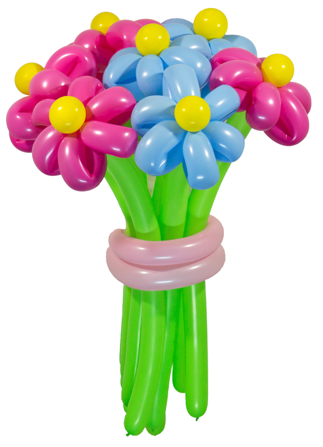 A balloon bouquet made of blue and pink flowers with yellow centers and green stems, tied with a pink balloon ribbon.