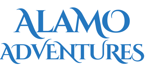The logo for alamo adventures is blue and white on a white background.