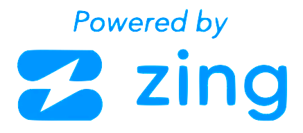 A blue logo that says powered by zing
