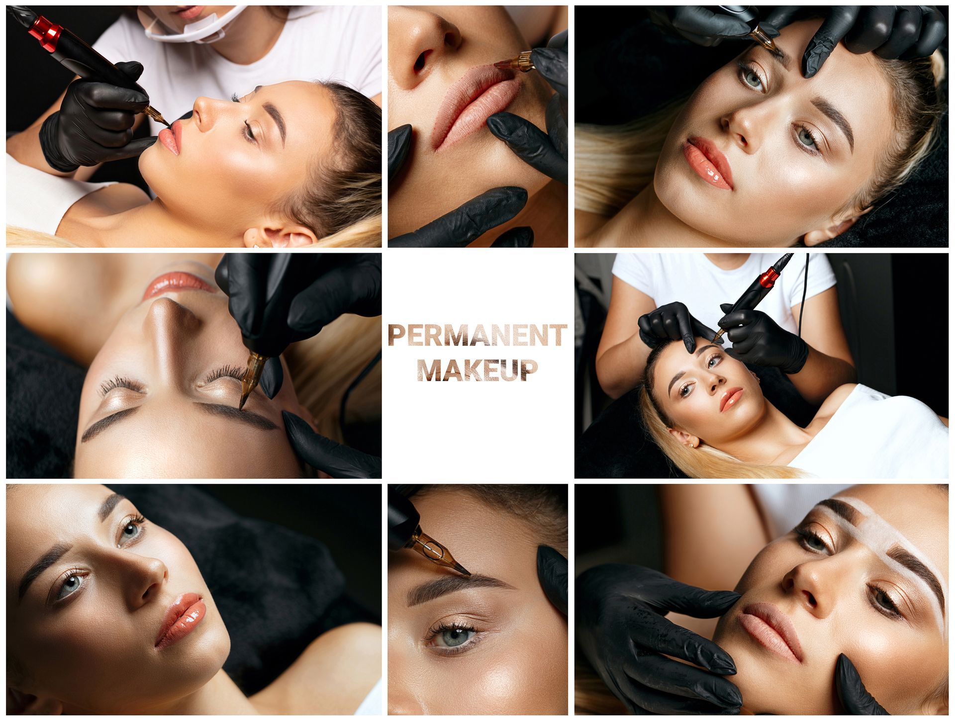 Eine Collage aus Fotos einer Frau, die sich ein Permanent-Make-up im Gesicht machen lässt.