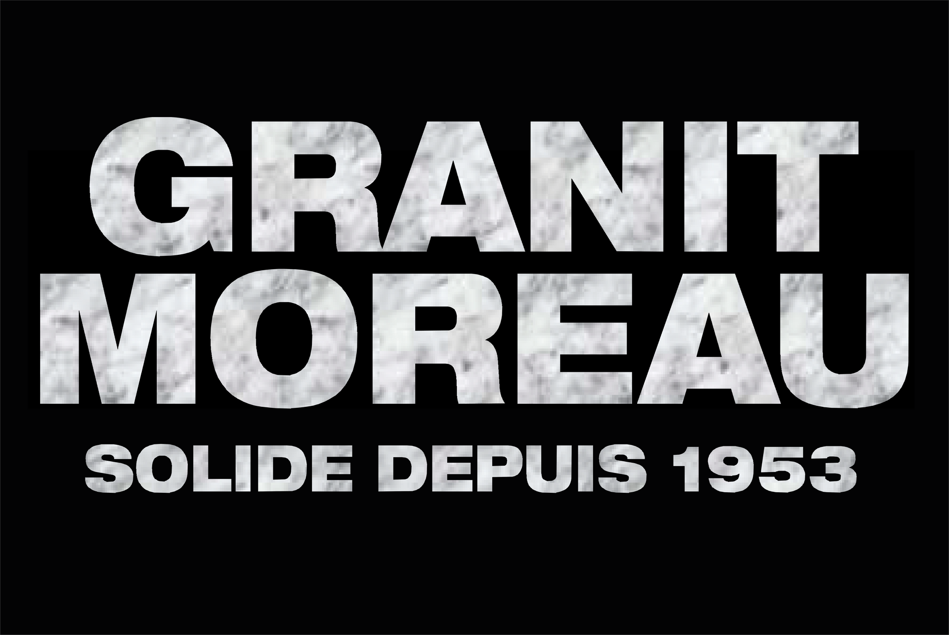 Logo Granit Moreau avec texte effet marbre sur fond noir. « Solide depuis 1953 » en dessous.