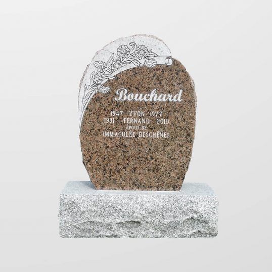Pierre tombale : Pierre de granit brun portant l'inscription Bouchard, posée sur un socle gris. Gravure florale au sommet.